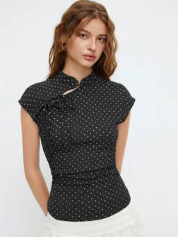 Cider - Polka Dot Women Ruched Tie-Up Mandarin Neck Top Black