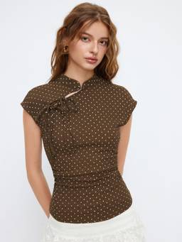 Cider - Polka Dot Women Ruched Mandarin Neck Top Brown