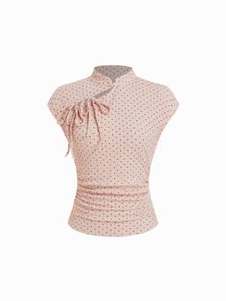 Cider - Polka Dot Women Ruched Mandarin Neck Top Pink