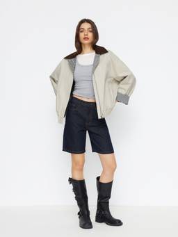 Cider - Gingham Colorblock Women's Zip-Through Oversized Barn Jacket Ivory