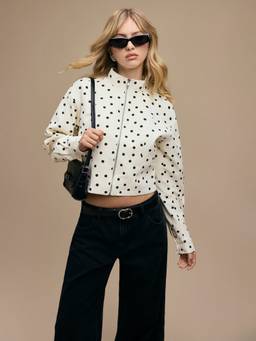 Cider - Linen-Blend Women Polka Dot High Neck Zip Jacket Ivory