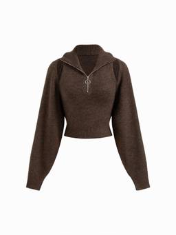 Cider - Knit Women's Solid Half-Zip Collar Crop Top Set Coffee