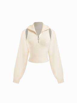 Cider - Knit Women's Solid Half Zip Collar Crop Top Set Cream
