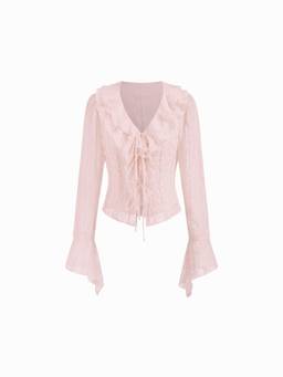 Cider - Ruffle Trim Women's Tie-Front V-Neck Blouse Pink
