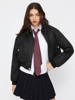 Cider - Suede Collar Women’s Oversized Puffer Bomber Jacket Black