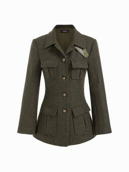 Cider - Wool-look Women Cinched Waist Button Jacket Olive Green