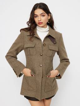 Cider - Wool-look Women's Cinched Waist Button Jacket Tan
