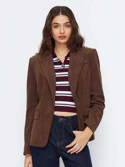 Cider - Corduroy Women Regular Fit Notched Lapel Blazer Brown