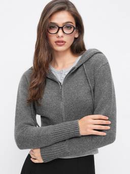 Cider - Knit Wool-Blend Women's Hooded Zip-Up Hoodie Dark Grey