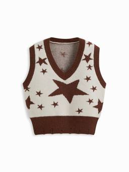 Cider - Knit Women's Star Print V-Neck Sleeveless Vest Brown
