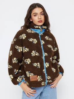 Cider - Fleece Floral Women's Zip-Through Oversized Jacket Coffee