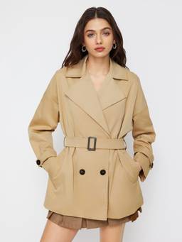Cider - Double-Breasted Women's Oversized Belted Trench Coat Khaki