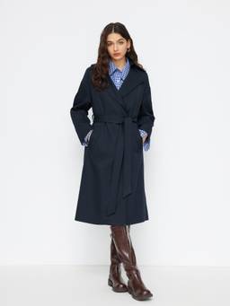Cider - Belted Wrap Women’s Oversized Longline Trench Coat Navy Blue