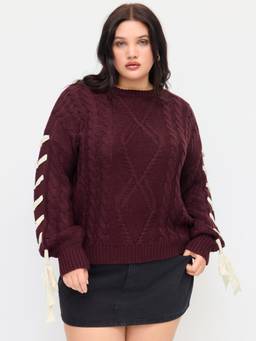 Cider - Cable Knit Women Lace-Up Oversized Pullover Sweater Wine