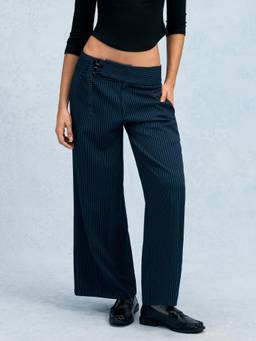 Cider - Striped Women Low Waist Buckle Wide Leg Trousers Navy Blue
