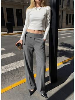 Cider - Striped Women's Low Waist Buckle Wide-Leg Trousers Grey