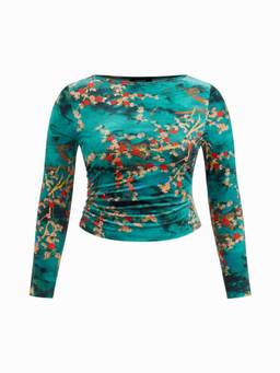 Cider - Velvet Women Floral Ruched Boat Neck Top Green