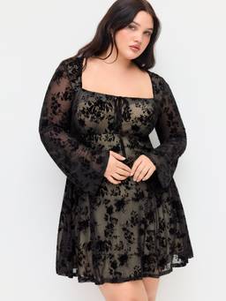 Cider - Mesh Women's Floral Square Neck Ruffle Mini Dress Black