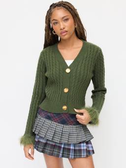 Cider - Cable Knit Women V-Neck Metal Button Cardigan Green