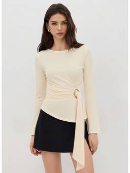 Cider - Ruched Metal Detail Women's Round Neck Long Sleeve Tee Beige