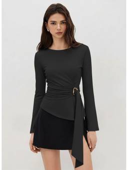 Cider - Ruched Metal Detail Women's Round Neck Long Sleeve Top Black