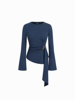 Cider - Ruched Metal Detail Women Round Neck Long Sleeve Top Navy Blue
