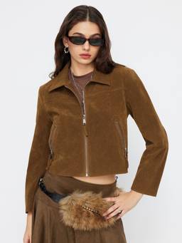 Cider - Suede Collar Women's Zip-Through Jacket Tan