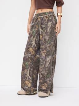 Cider - Cotton-Blend Women Mid-Rise Elastic Waist Wide-Leg Trousers Olive