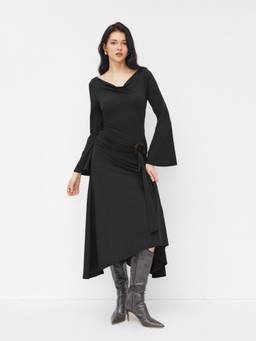 Cider - Cowl Neck Women's Ruched O-Ring Ruffle Hem Midi Dress Black