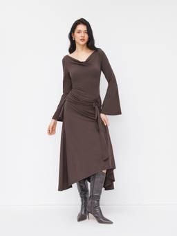 Cider - Cowl Neck Women Ruched O-Ring Midi Dress Coffee