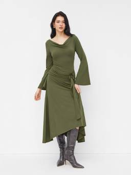 Cider - Cowl Neck Women's Bell Sleeve O-Ring Ruched Midi Dress Olive