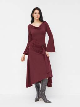 Cider - Cowl Neck Women's Ruched O-Ring Ruffle Hem Midi Dress Wine