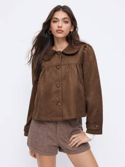 Cider - Suede Peter Pan Women's Ruched Button Jacket Coffee