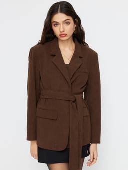 Cider - Corduroy Women's Belted Collared Longline Blazer Brown