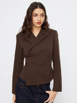 Cider - Wrap Tie-Back Women's Collared Button Blazer Brown