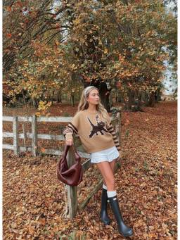 Cider - Cat Striped Women's Oversized Round Neck Pullover Sweater Brown