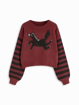 Cider - Cat Graphic Women’s Oversized Round Neck Pullover Sweater Wine