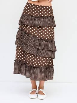 Cider - Polka Dot Women's Mid-Rise Ruffle Hem Maxi Skirt Brown