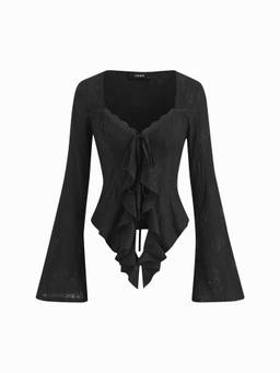 Cider - Knit Fabric Women Sweetheart Neck Long Sleeve Top Black