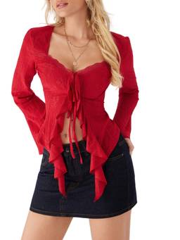 Cider - Knit Fabric Women Sweetheart Tie-Up Long Sleeve Top Red
