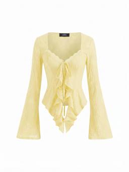 Cider - Knit Fabric Women's Sweetheart Tie-Up Long Sleeve Top Yellow