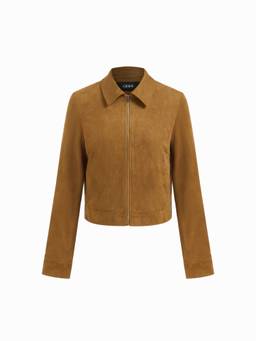 Cider - Suede Collar Women's Zip-Through Long Sleeve Jacket Mocha