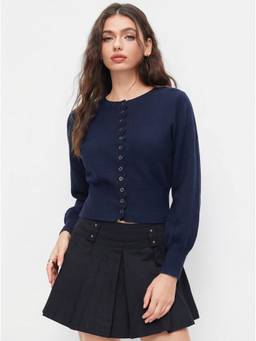 Cider - Knit Women's Oversized Button-Front Round Neck Cardigan Navy Blue