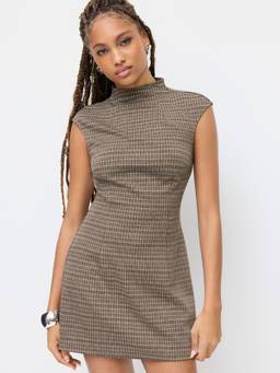 Cider - Check Women's Stand Collar Mini Shift Dress Brown