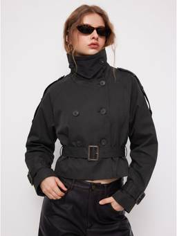 Cider - Funnel Collar Women Double-Breasted Belted Trench Coat Black