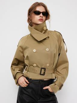 Cider - Funnel Collar Women's Double-Breasted Belted Trench Coat Khaki