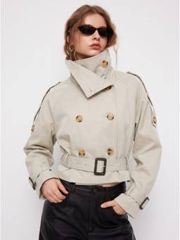 Cider - Funnel Collar Women's Double-Breasted Belted Trench Coat Light Grey