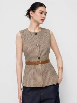 Cider - Houndstooth Women's Belted Round Neck Blazer Vest Brown