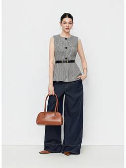 Cider - Houndstooth Women's Belted Round Neck Blazer Vest Grey
