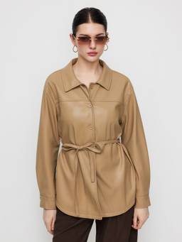 Cider - Faux Leather Women Belted Collar Shacket Camel